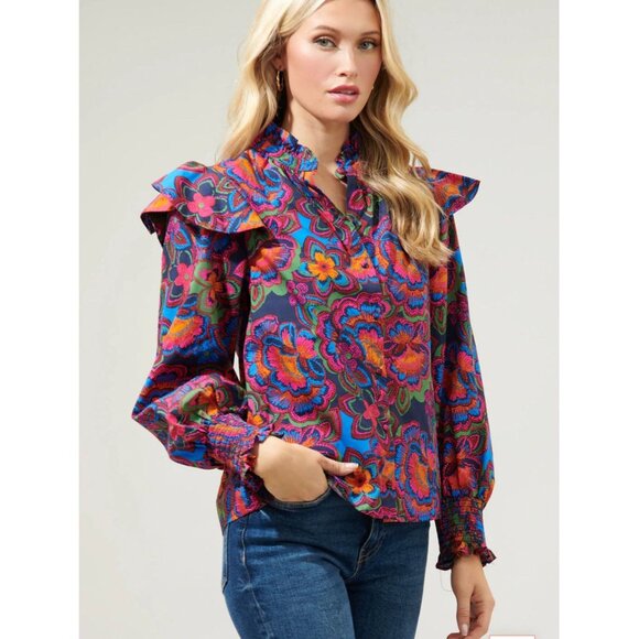 Sugarlips Raveena Midnight Malbec Ruffle Button Up Poplin Blouse Women’s Size XL - Picture 3 of 15